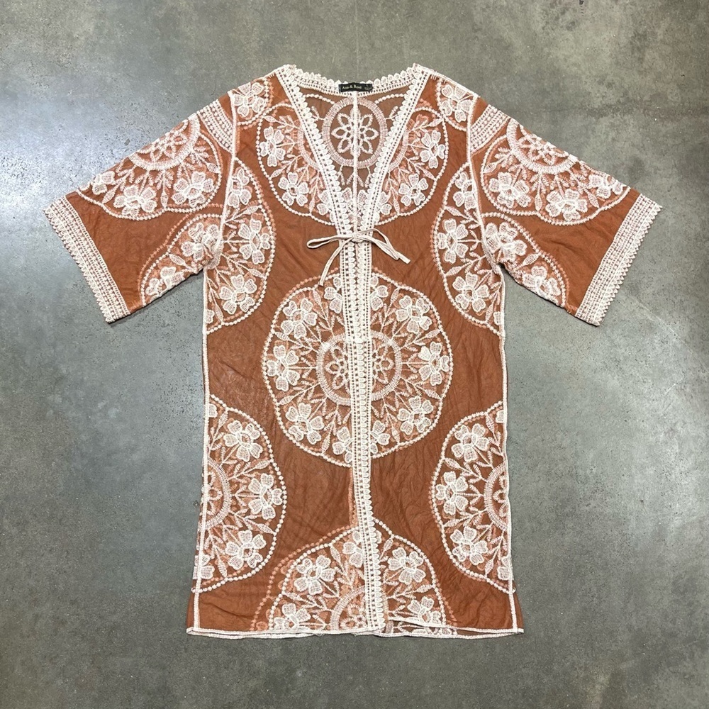 Ana & Rose Floral Copper Sheer Lace Open Front Kimono Duster Cardigan Boho - Picture 2 of 11